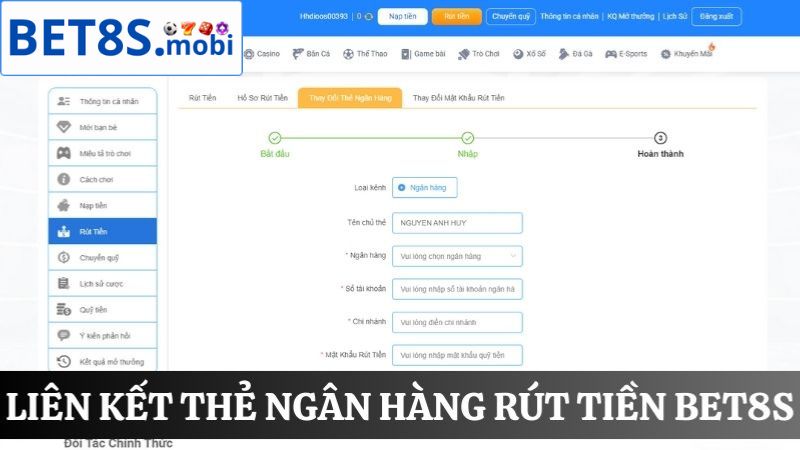 liên kết tài khoản ngân hàng Rút tiền Bet8s